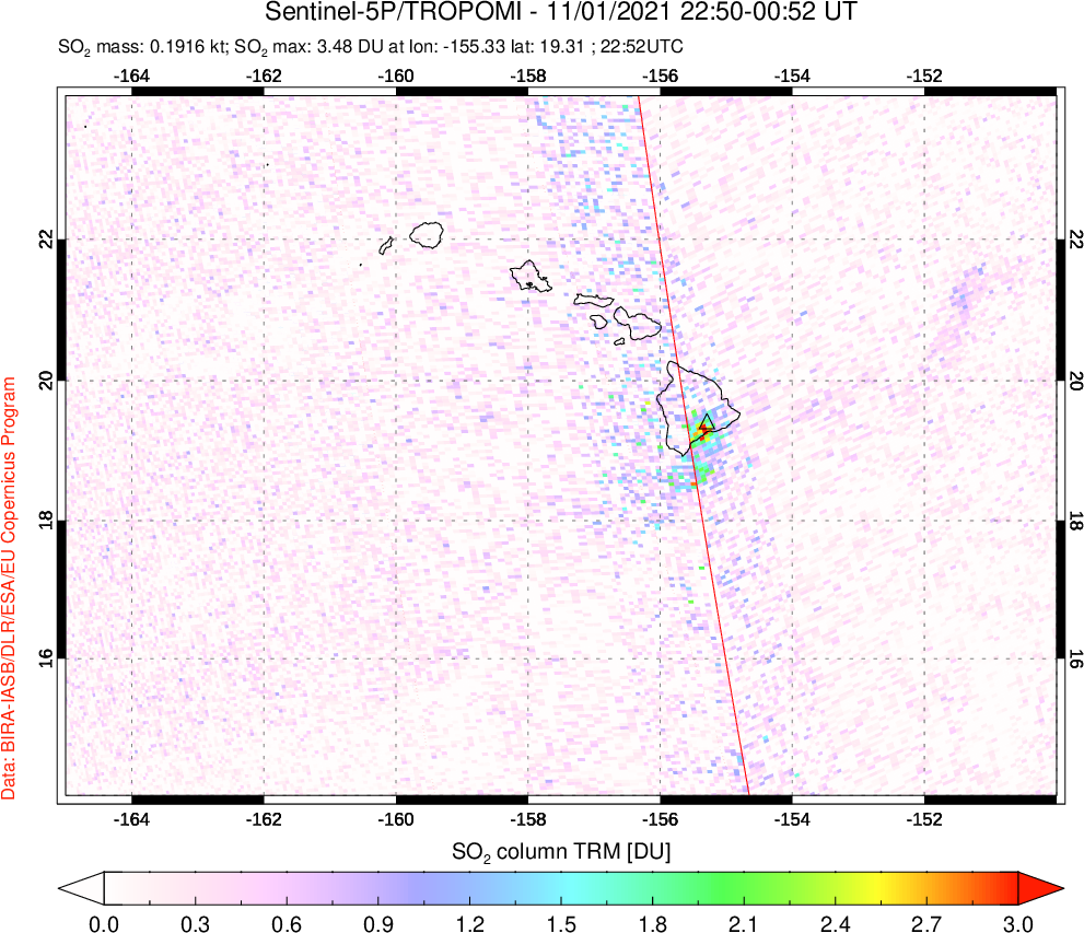 A sulfur dioxide image over Hawaii, USA on Nov 01, 2021.