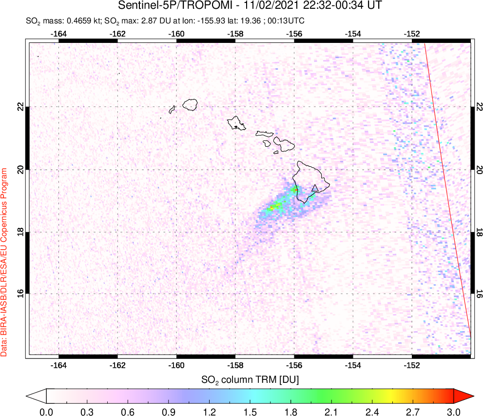 A sulfur dioxide image over Hawaii, USA on Nov 02, 2021.