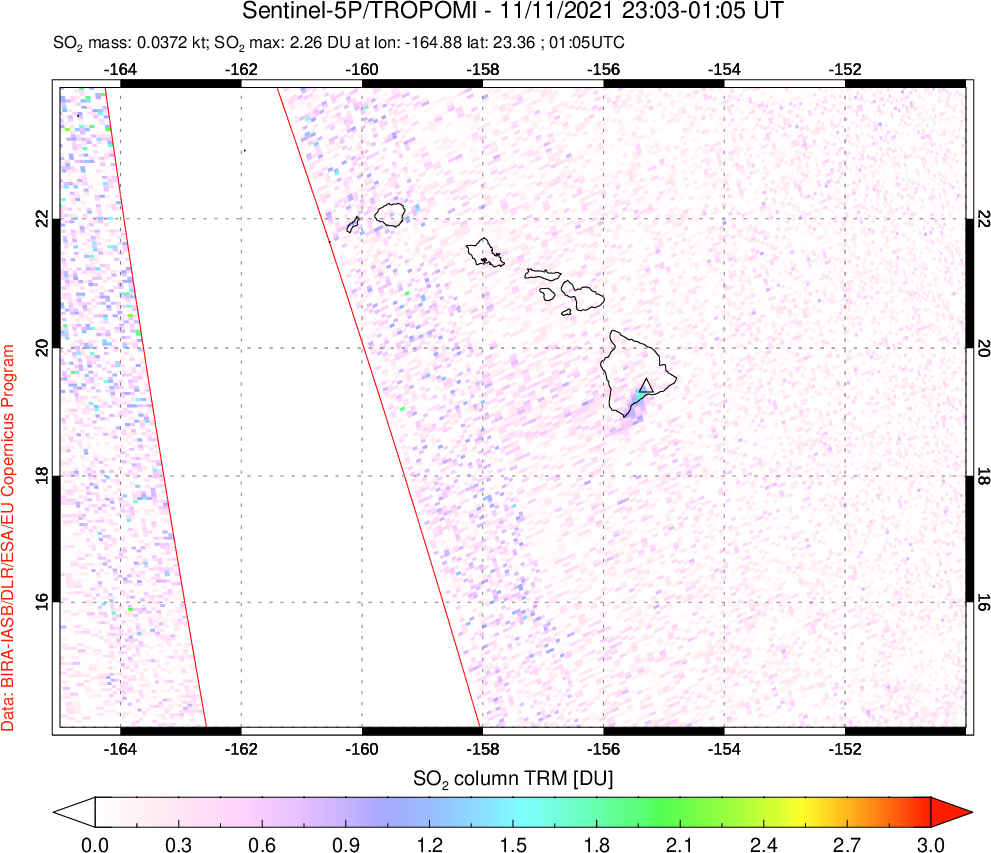 A sulfur dioxide image over Hawaii, USA on Nov 11, 2021.