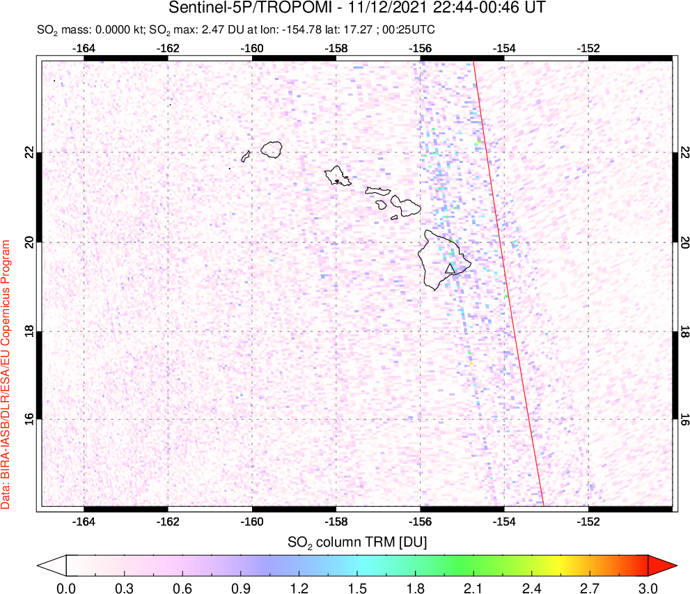A sulfur dioxide image over Hawaii, USA on Nov 12, 2021.