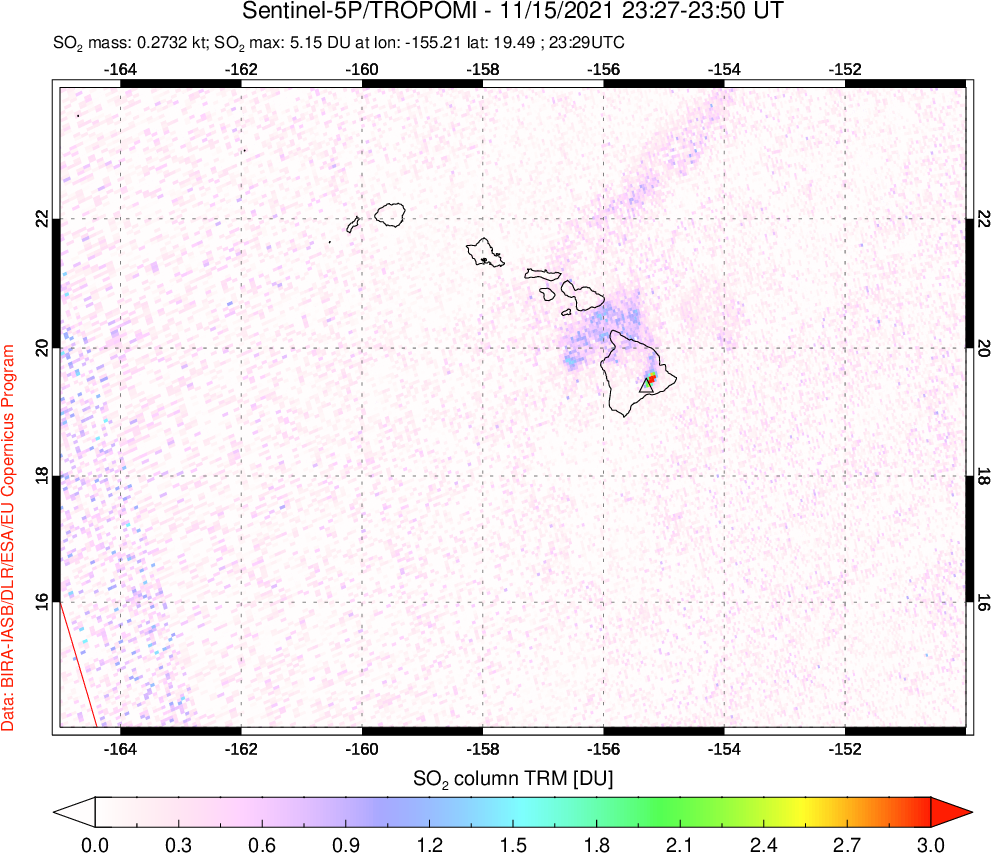 A sulfur dioxide image over Hawaii, USA on Nov 15, 2021.