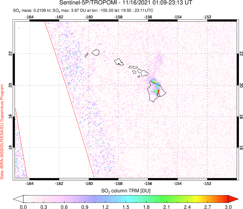 A sulfur dioxide image over Hawaii, USA on Nov 16, 2021.