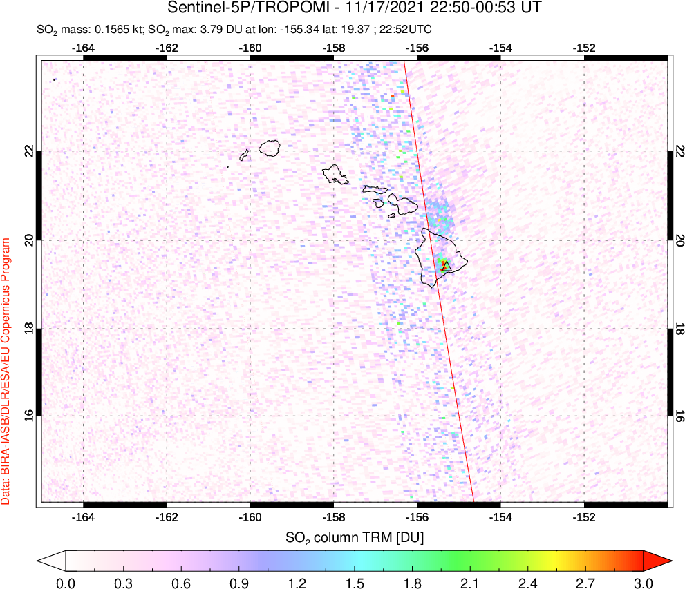 A sulfur dioxide image over Hawaii, USA on Nov 17, 2021.