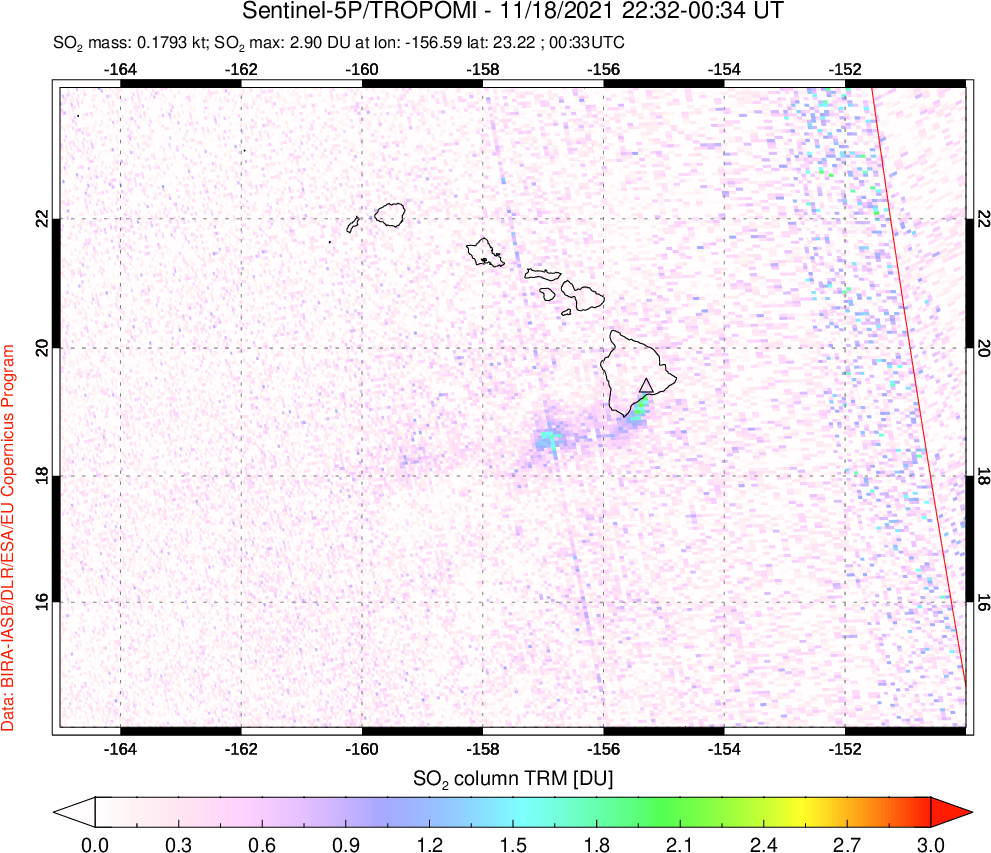A sulfur dioxide image over Hawaii, USA on Nov 18, 2021.