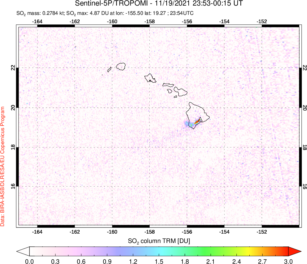 A sulfur dioxide image over Hawaii, USA on Nov 19, 2021.