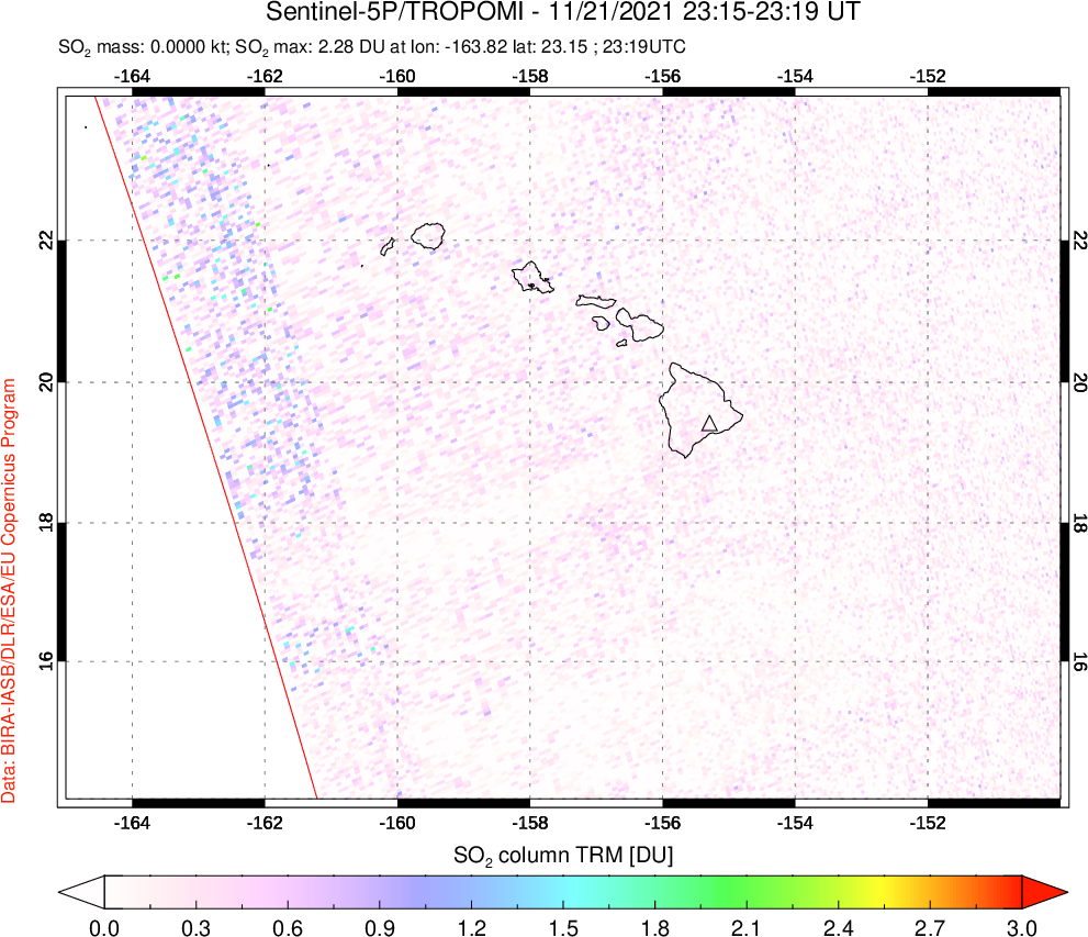 A sulfur dioxide image over Hawaii, USA on Nov 21, 2021.