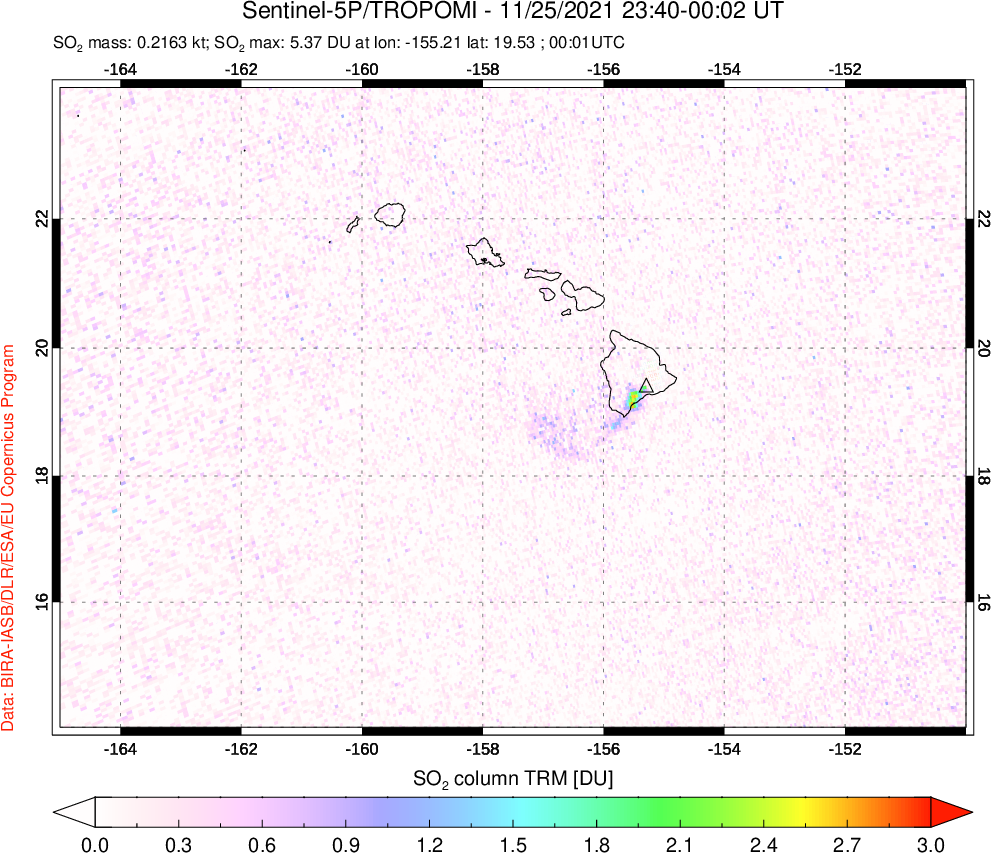 A sulfur dioxide image over Hawaii, USA on Nov 25, 2021.