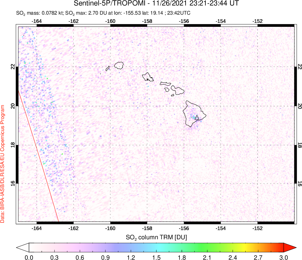 A sulfur dioxide image over Hawaii, USA on Nov 26, 2021.