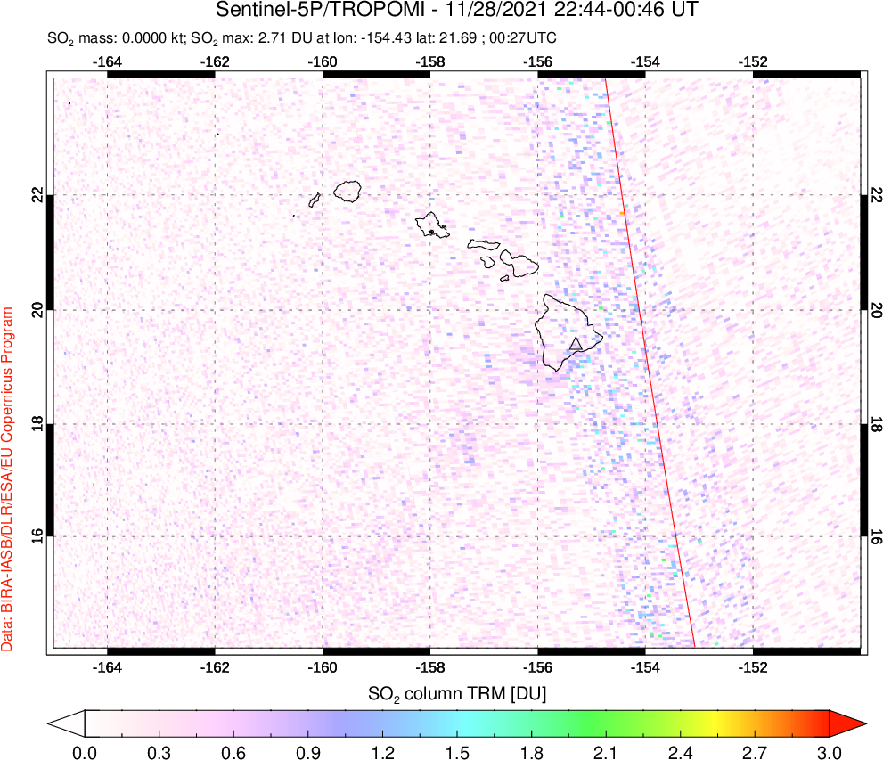 A sulfur dioxide image over Hawaii, USA on Nov 28, 2021.