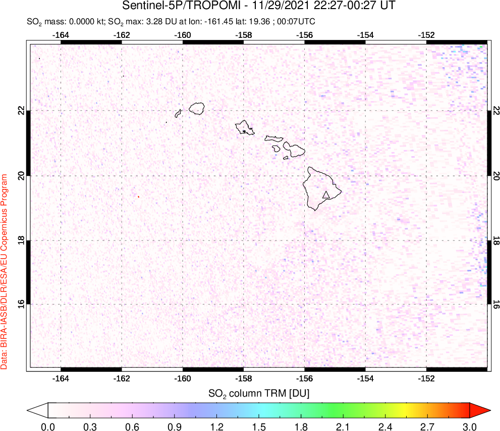 A sulfur dioxide image over Hawaii, USA on Nov 29, 2021.