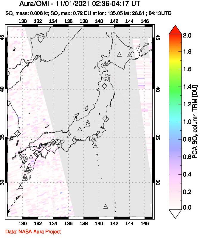 A sulfur dioxide image over Japan on Nov 01, 2021.