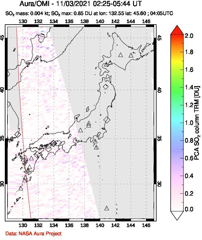 A sulfur dioxide image over Japan on Nov 03, 2021.