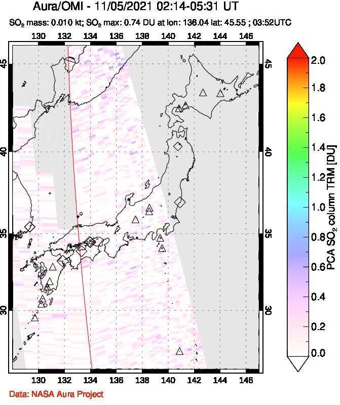 A sulfur dioxide image over Japan on Nov 05, 2021.