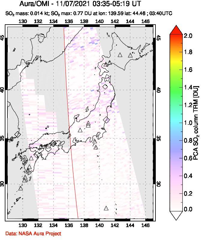 A sulfur dioxide image over Japan on Nov 07, 2021.