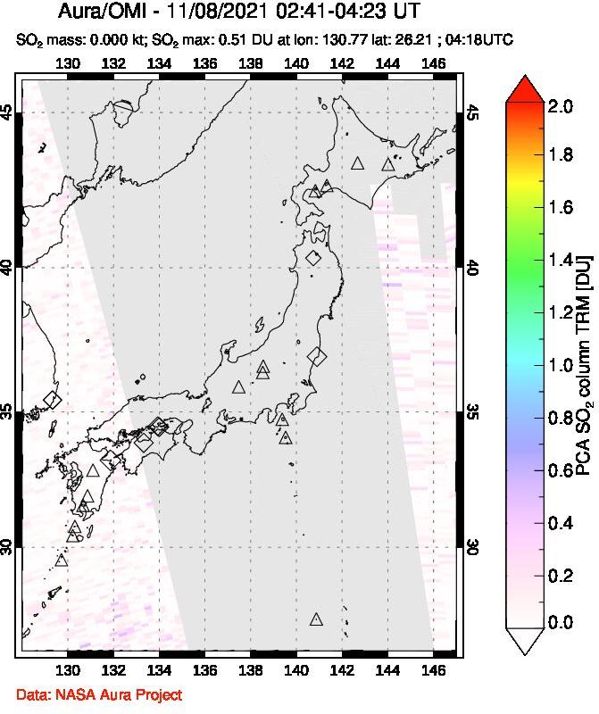 A sulfur dioxide image over Japan on Nov 08, 2021.