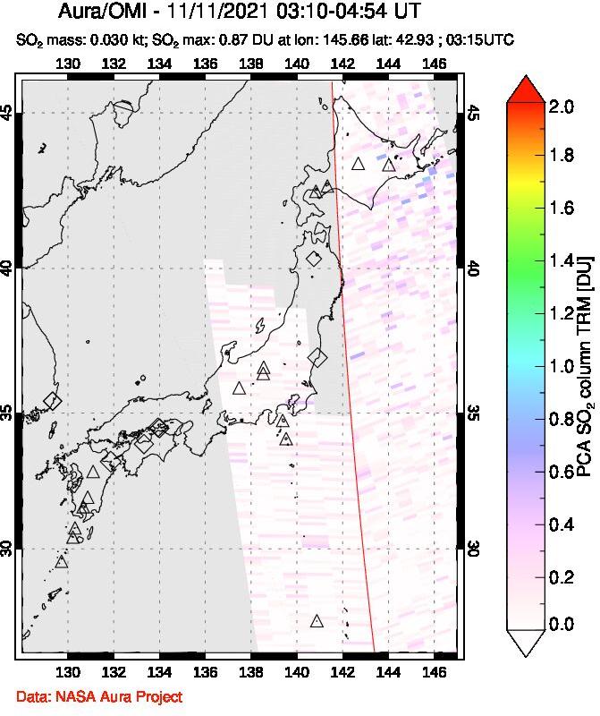 A sulfur dioxide image over Japan on Nov 11, 2021.