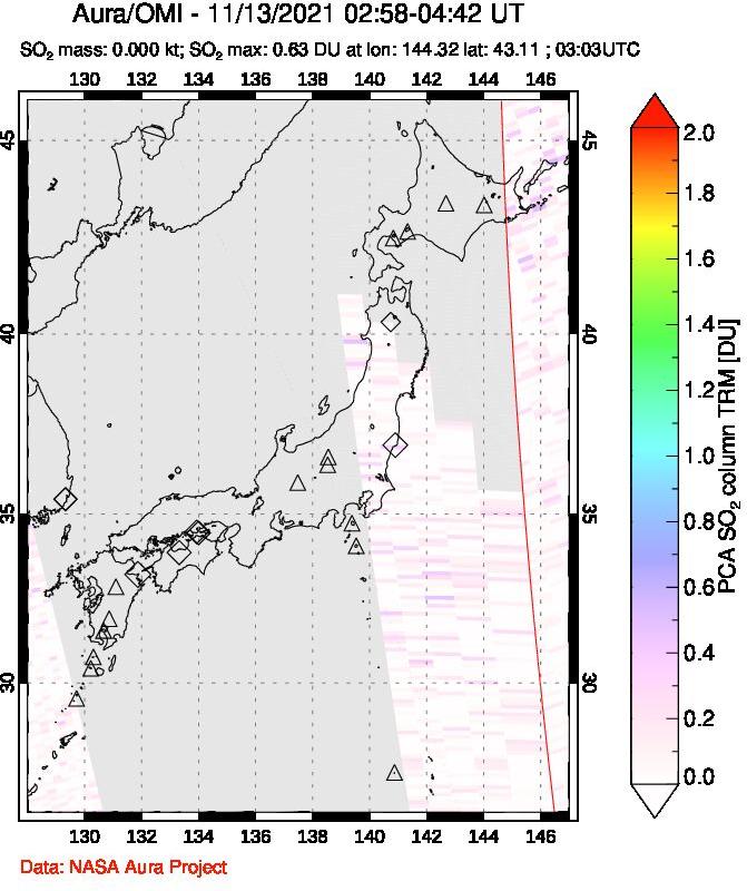 A sulfur dioxide image over Japan on Nov 13, 2021.