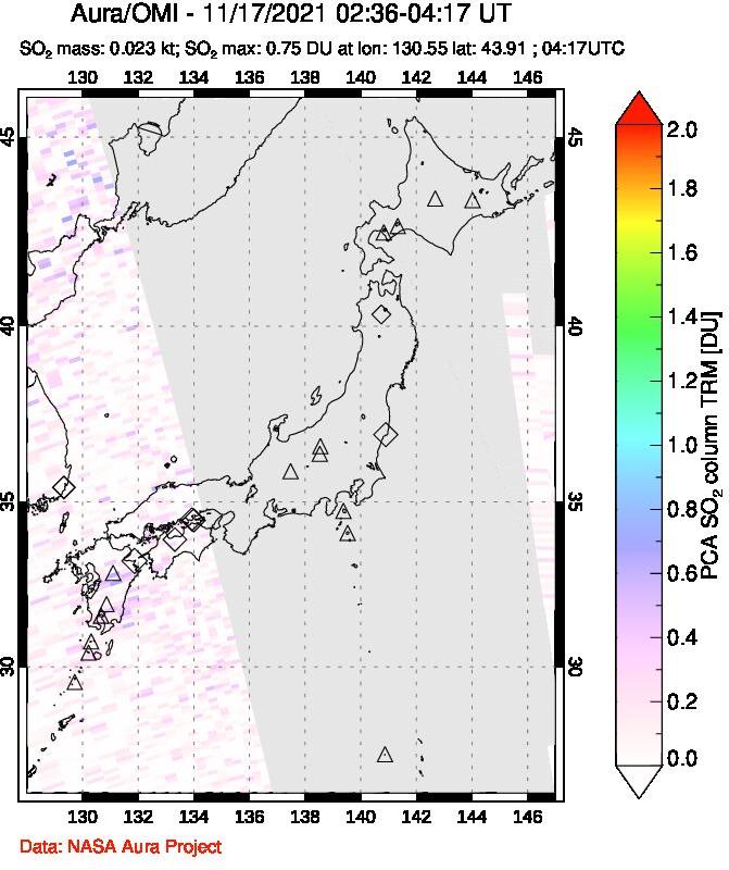 A sulfur dioxide image over Japan on Nov 17, 2021.