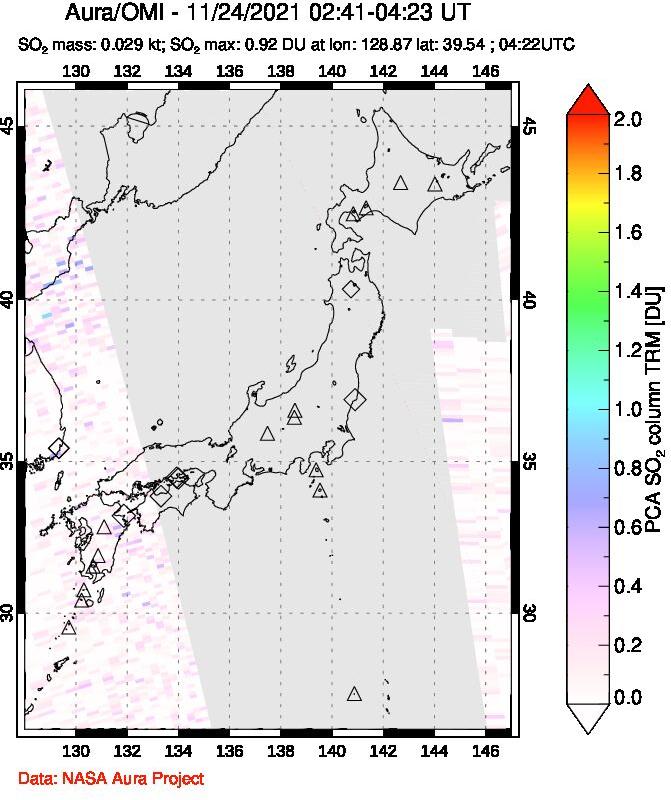 A sulfur dioxide image over Japan on Nov 24, 2021.