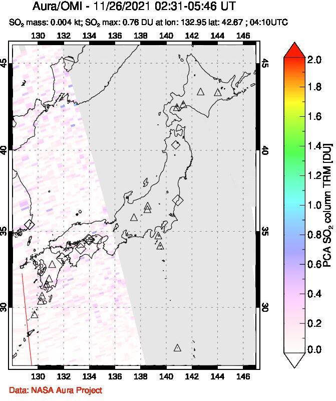 A sulfur dioxide image over Japan on Nov 26, 2021.