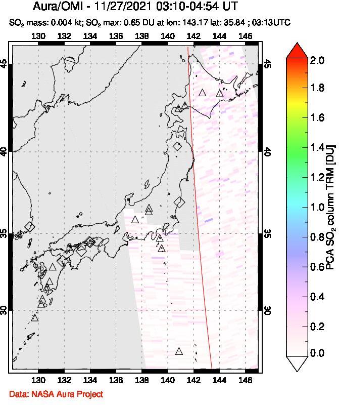 A sulfur dioxide image over Japan on Nov 27, 2021.