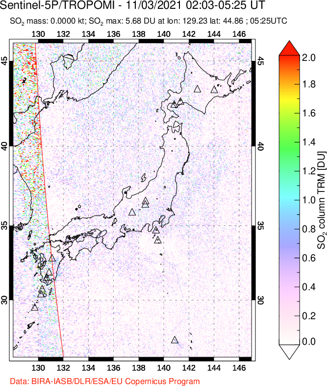 A sulfur dioxide image over Japan on Nov 03, 2021.