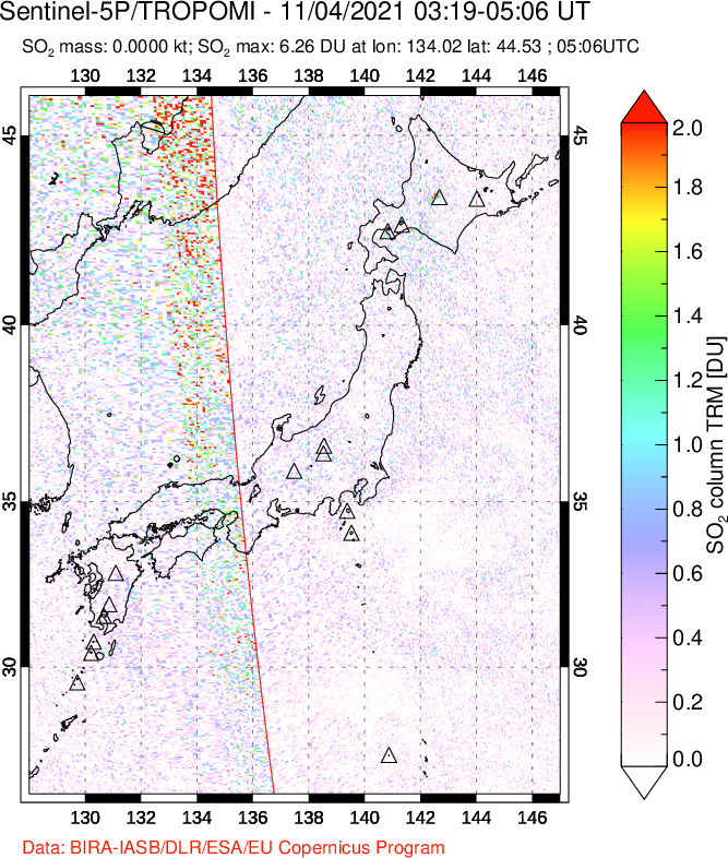 A sulfur dioxide image over Japan on Nov 04, 2021.