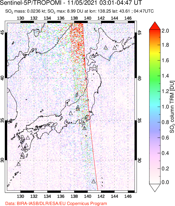 A sulfur dioxide image over Japan on Nov 05, 2021.