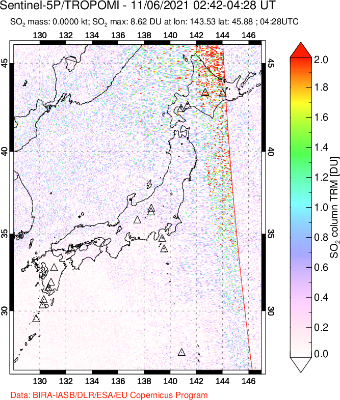 A sulfur dioxide image over Japan on Nov 06, 2021.