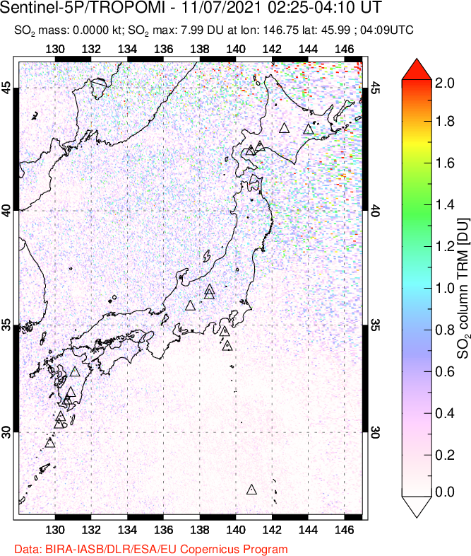 A sulfur dioxide image over Japan on Nov 07, 2021.