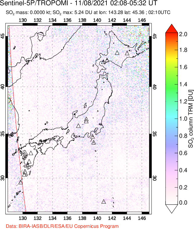 A sulfur dioxide image over Japan on Nov 08, 2021.