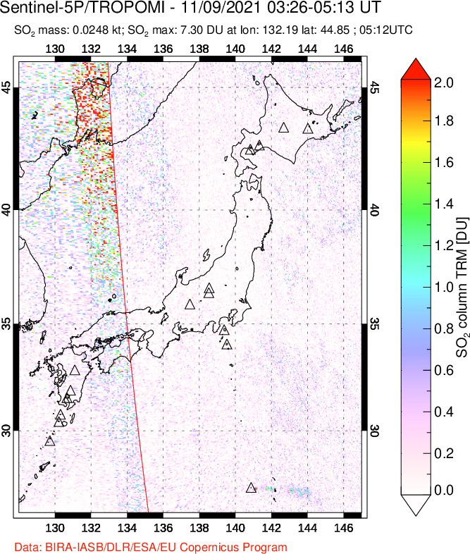 A sulfur dioxide image over Japan on Nov 09, 2021.