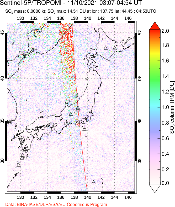 A sulfur dioxide image over Japan on Nov 10, 2021.
