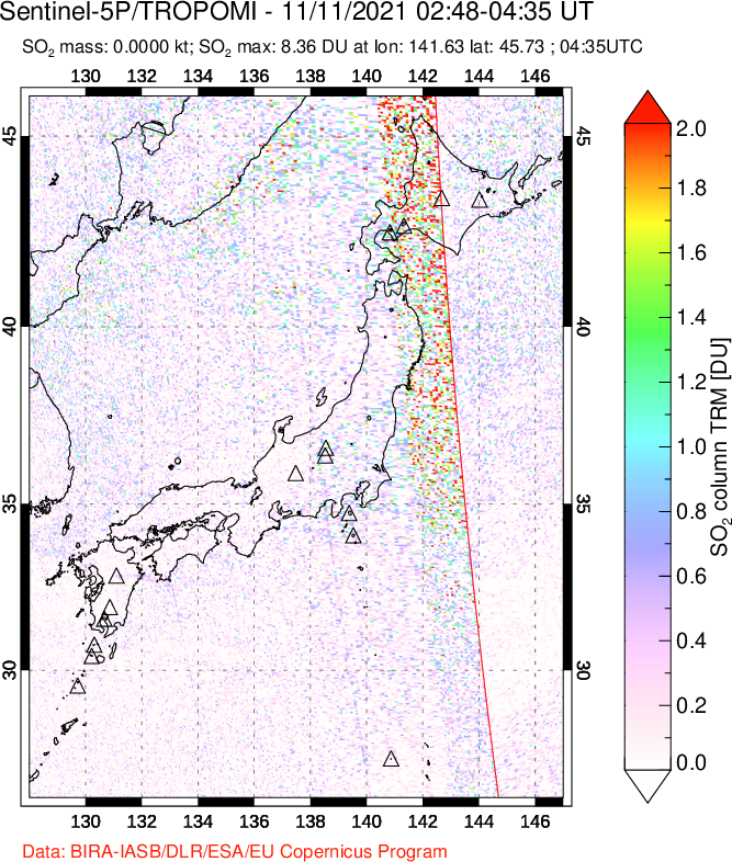 A sulfur dioxide image over Japan on Nov 11, 2021.