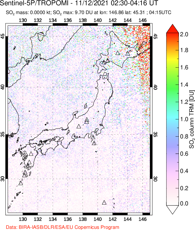 A sulfur dioxide image over Japan on Nov 12, 2021.