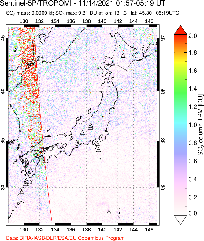 A sulfur dioxide image over Japan on Nov 14, 2021.