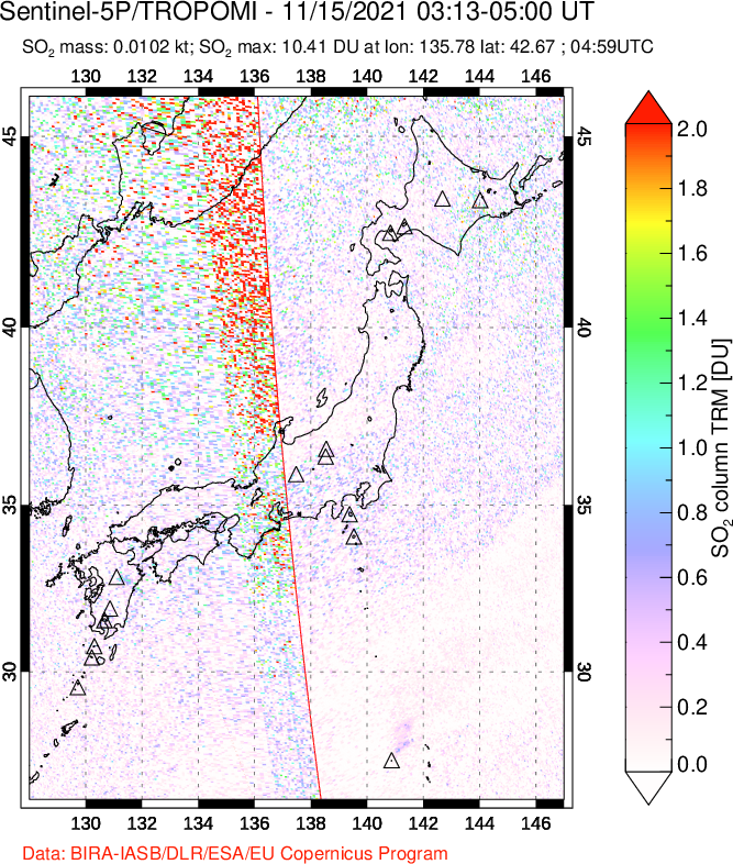 A sulfur dioxide image over Japan on Nov 15, 2021.