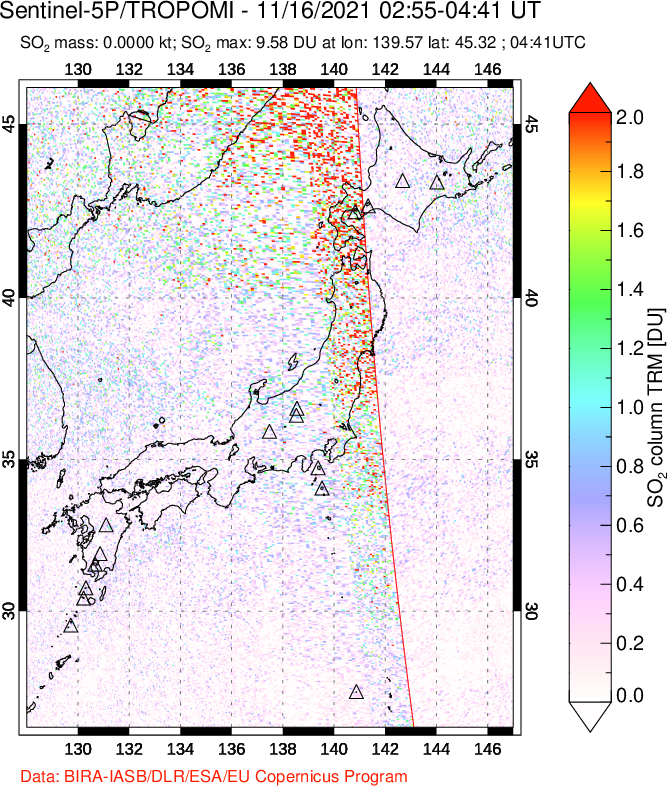 A sulfur dioxide image over Japan on Nov 16, 2021.