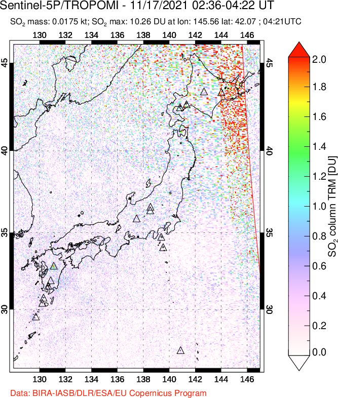 A sulfur dioxide image over Japan on Nov 17, 2021.