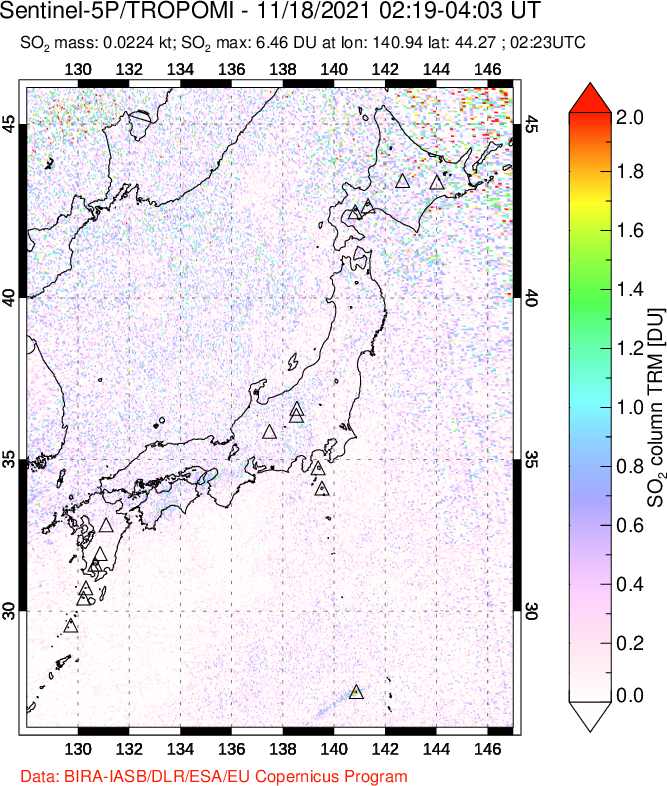 A sulfur dioxide image over Japan on Nov 18, 2021.
