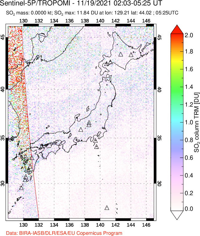 A sulfur dioxide image over Japan on Nov 19, 2021.