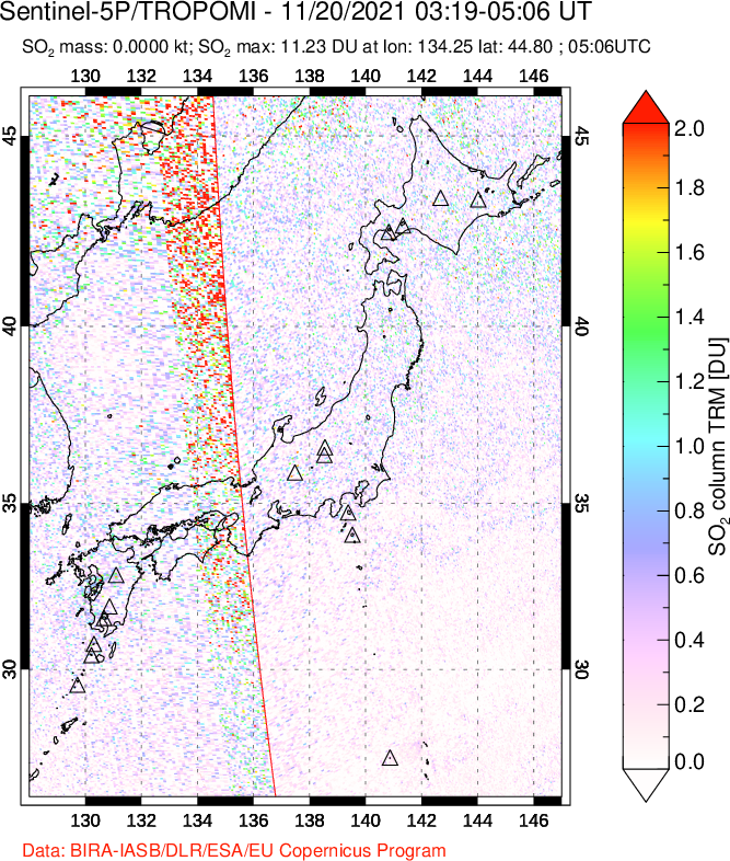 A sulfur dioxide image over Japan on Nov 20, 2021.
