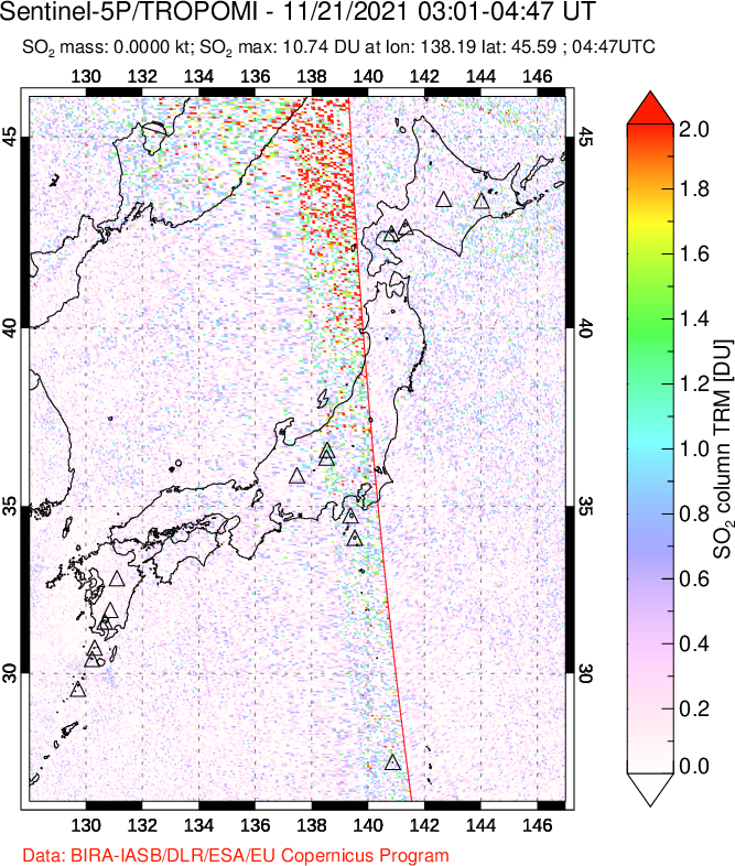 A sulfur dioxide image over Japan on Nov 21, 2021.