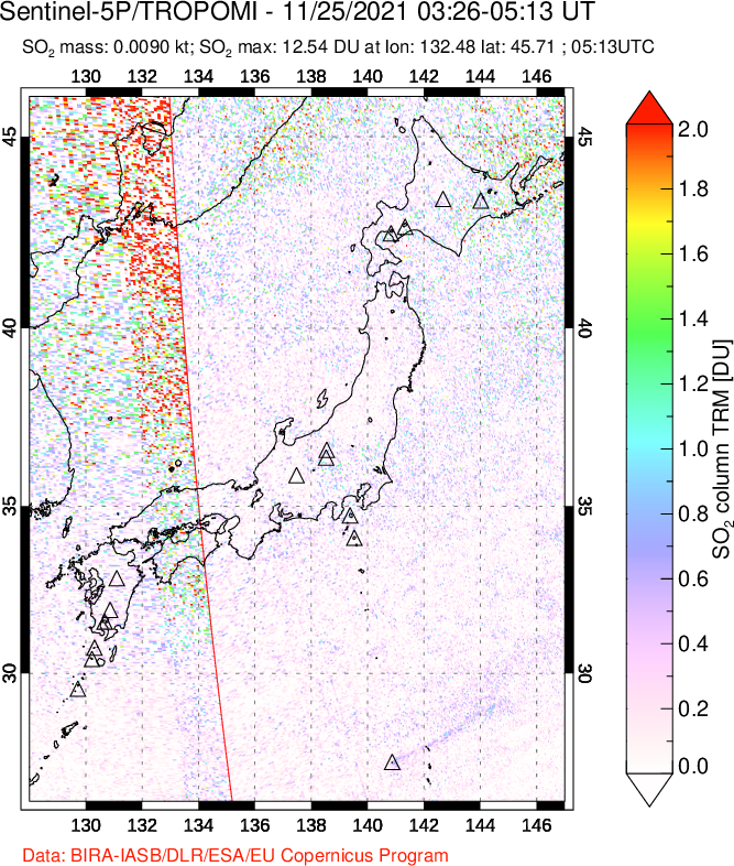 A sulfur dioxide image over Japan on Nov 25, 2021.