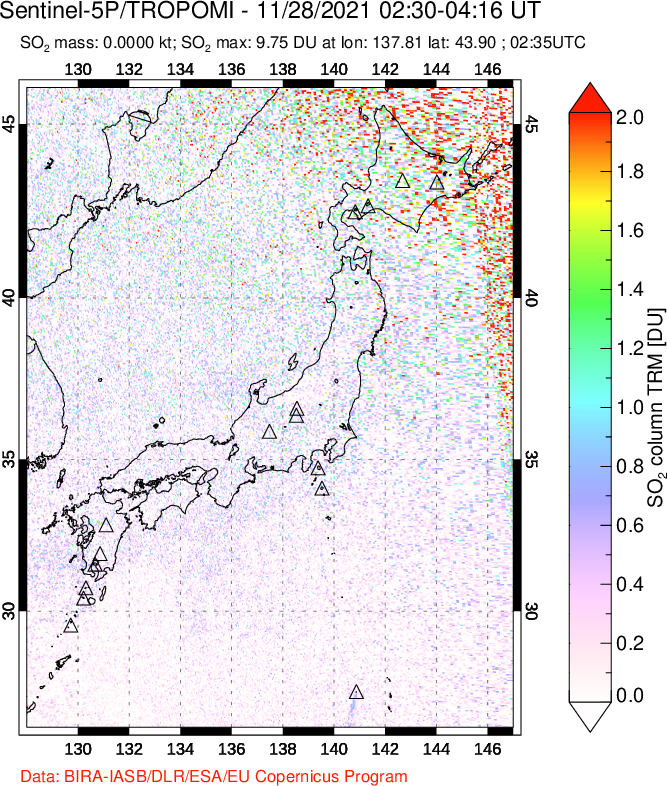 A sulfur dioxide image over Japan on Nov 28, 2021.