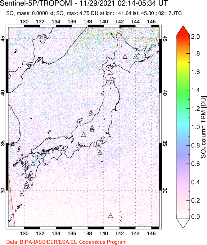 A sulfur dioxide image over Japan on Nov 29, 2021.