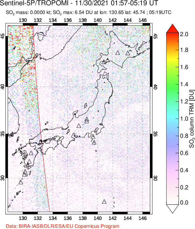A sulfur dioxide image over Japan on Nov 30, 2021.