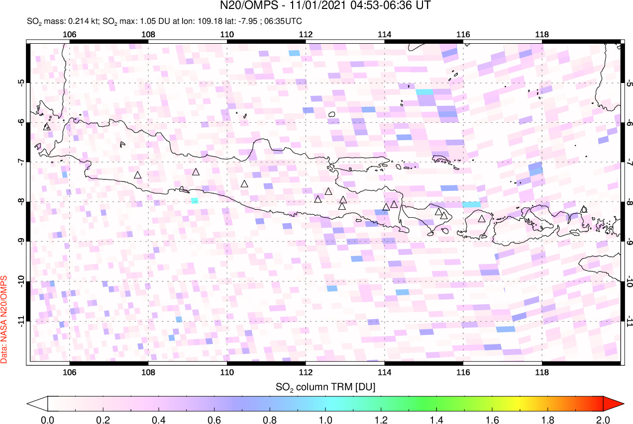 A sulfur dioxide image over Java, Indonesia on Nov 01, 2021.