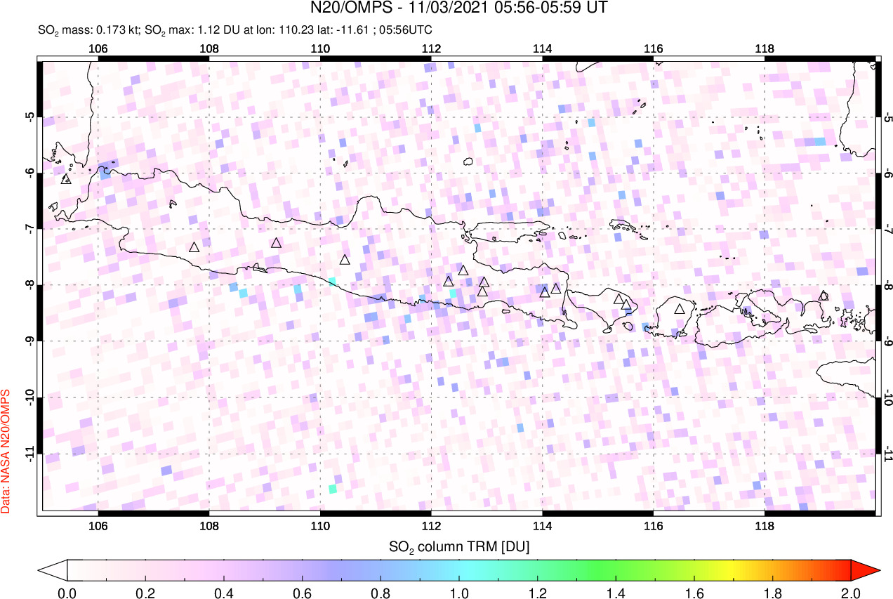 A sulfur dioxide image over Java, Indonesia on Nov 03, 2021.