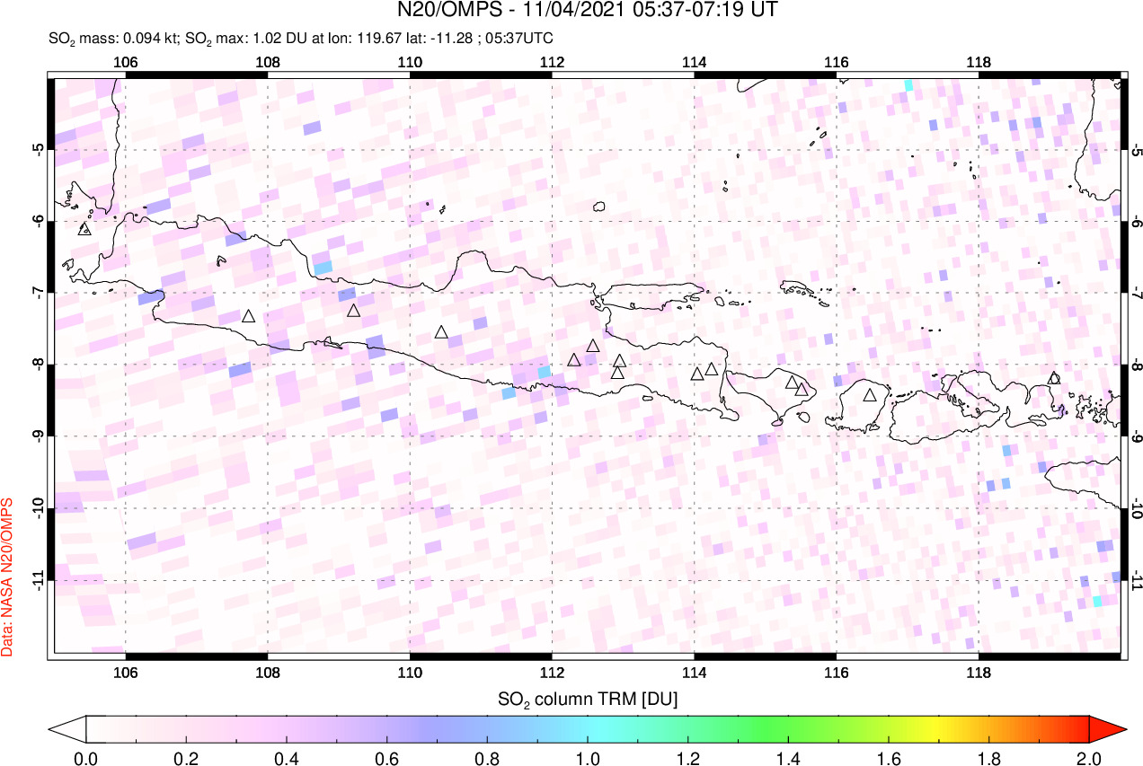 A sulfur dioxide image over Java, Indonesia on Nov 04, 2021.